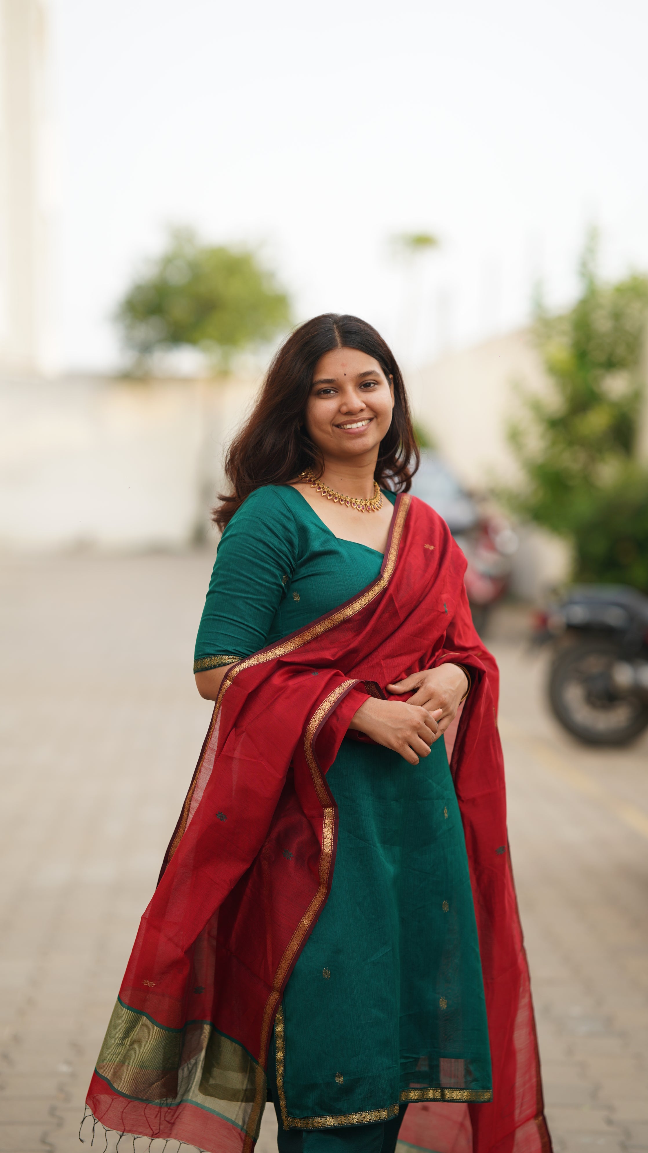 Nivetha's Ruby Tide – Handwoven Maheshwari Silk Cotton Suit Set