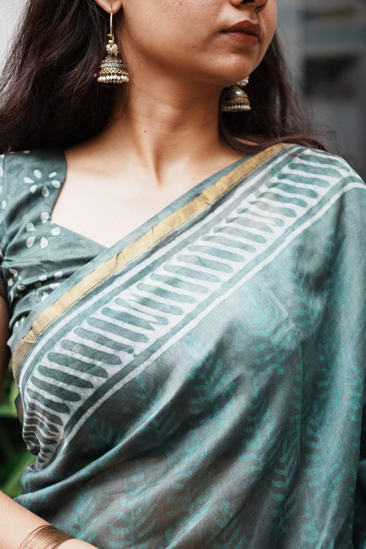 Aaranya Teal Chanderi Handblocked Silk Cotton Saree