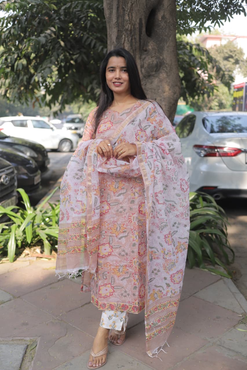 Blush Botton Kota Doria Suit