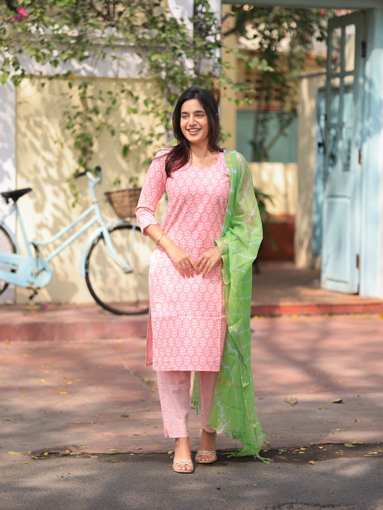Coral Pankhudi Peach-Pink Handblock Suit Set with Lime Kota Dupatta