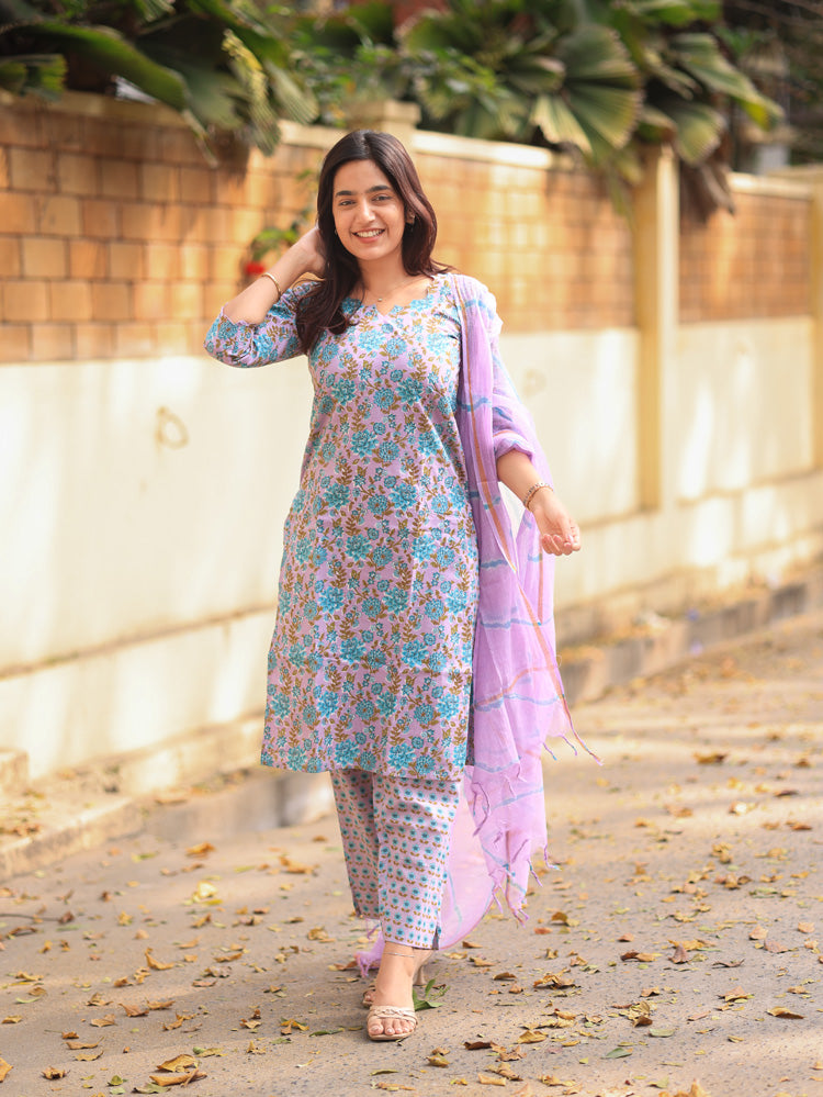 Lavender Gulbahaar Floral Handblock Suit Set