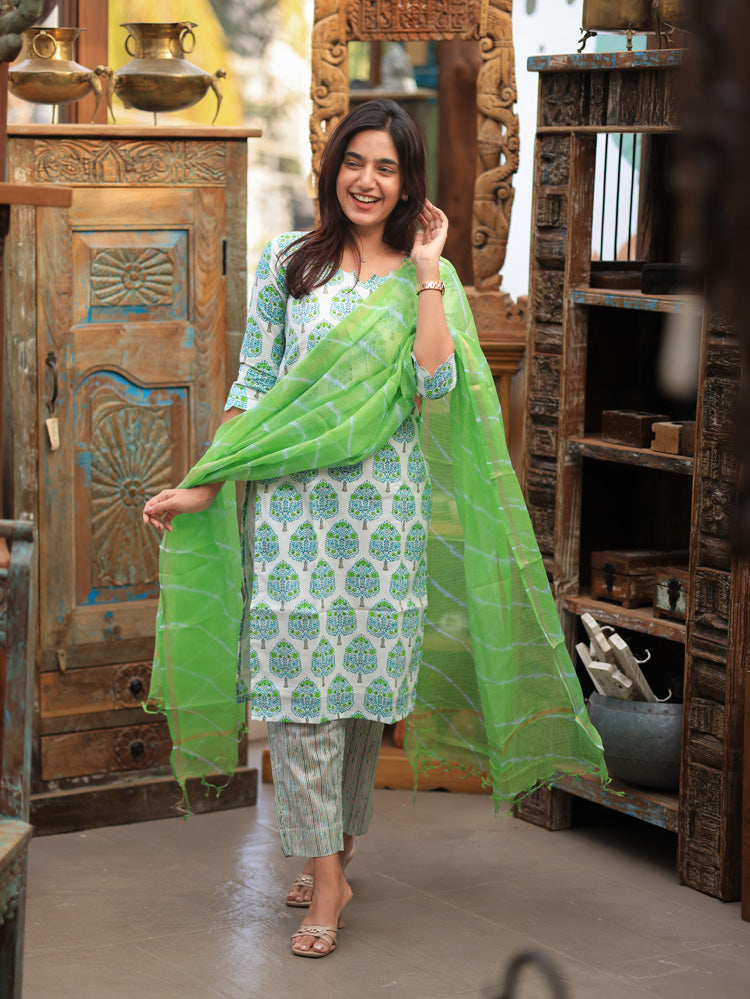 Neelavanam blue-green tree Handblock Suit