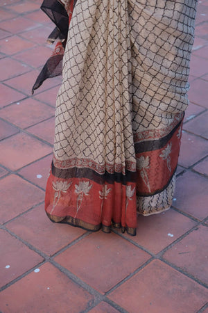 Close-up of lattice pattern and lotus border on Ananya Lotus Kota Doria