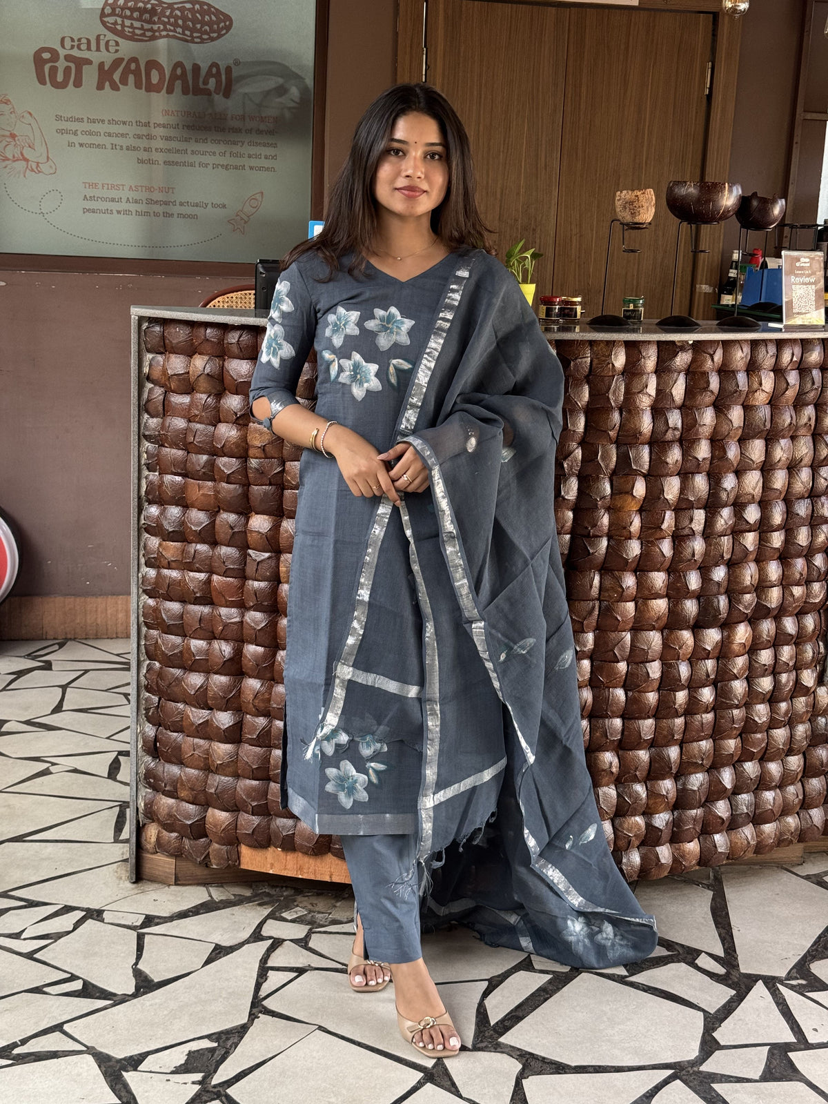Kiara Ash Floral Hand-Painted Linen Cotton suit