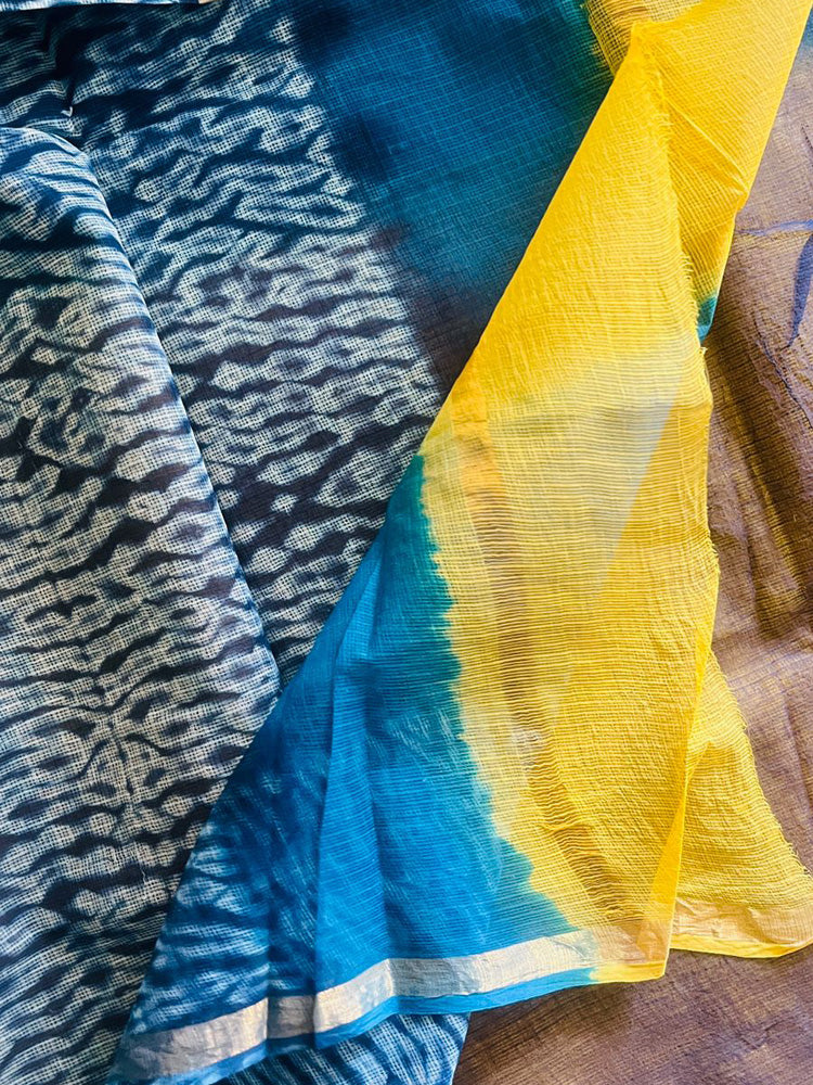 Indigo Crane Halo Kota Doria Handblock Saree
