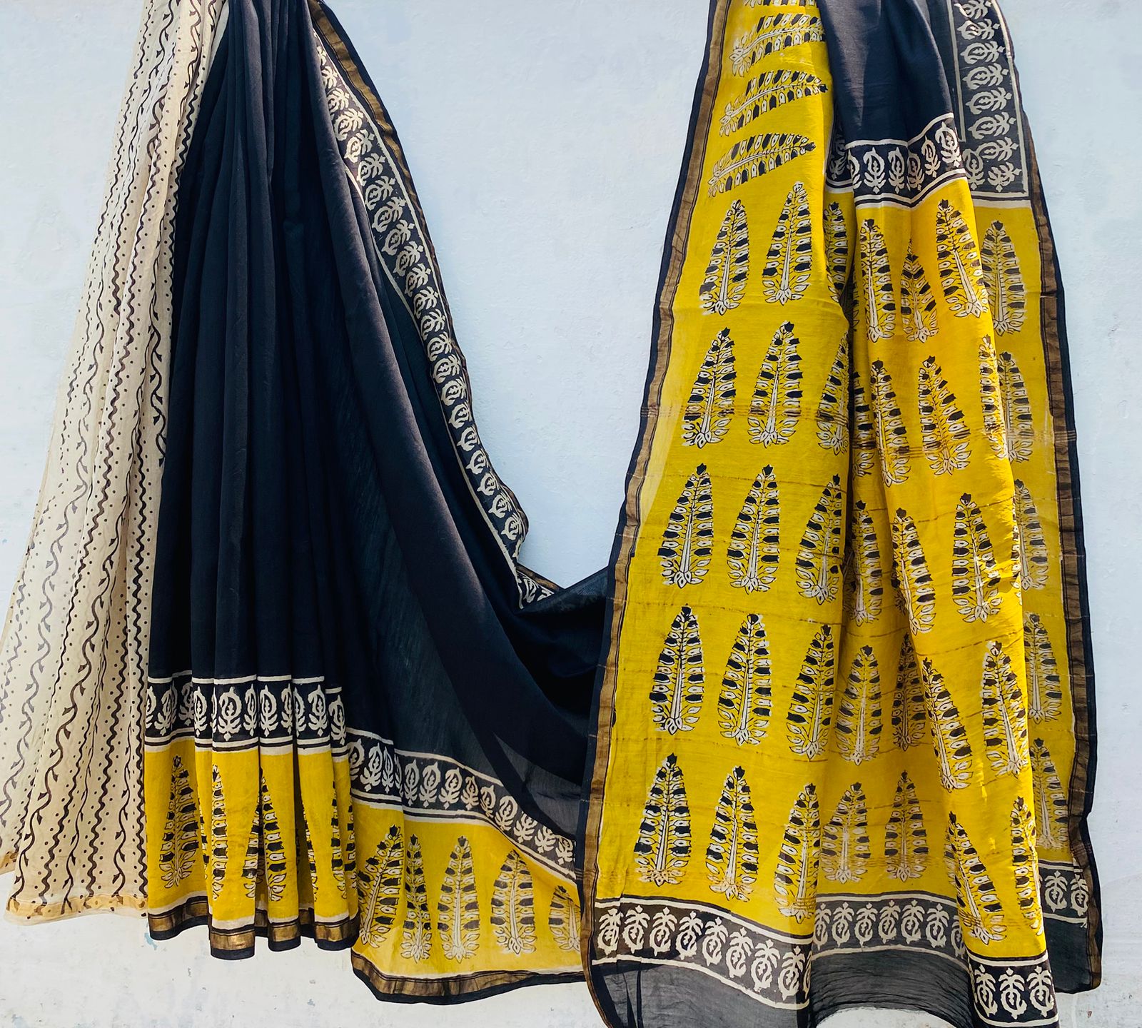 Aadira – Mustard Yellow Chanderi Handblocked Silk Cotton Saree