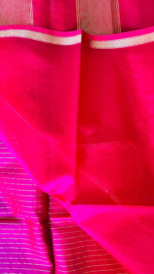 Close-up of Ranjani Maheswari silk cotton saree with fine zari stripes
