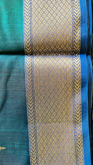Detailed view of Ahalya saree pallu with geometric zari motifs and chevron edging