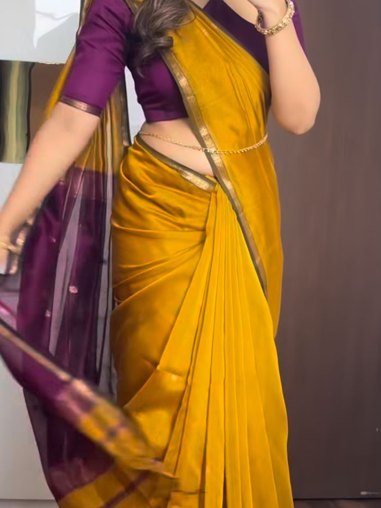 Mustard Yellow Maheswari Handwoven Silk Cotton Saree