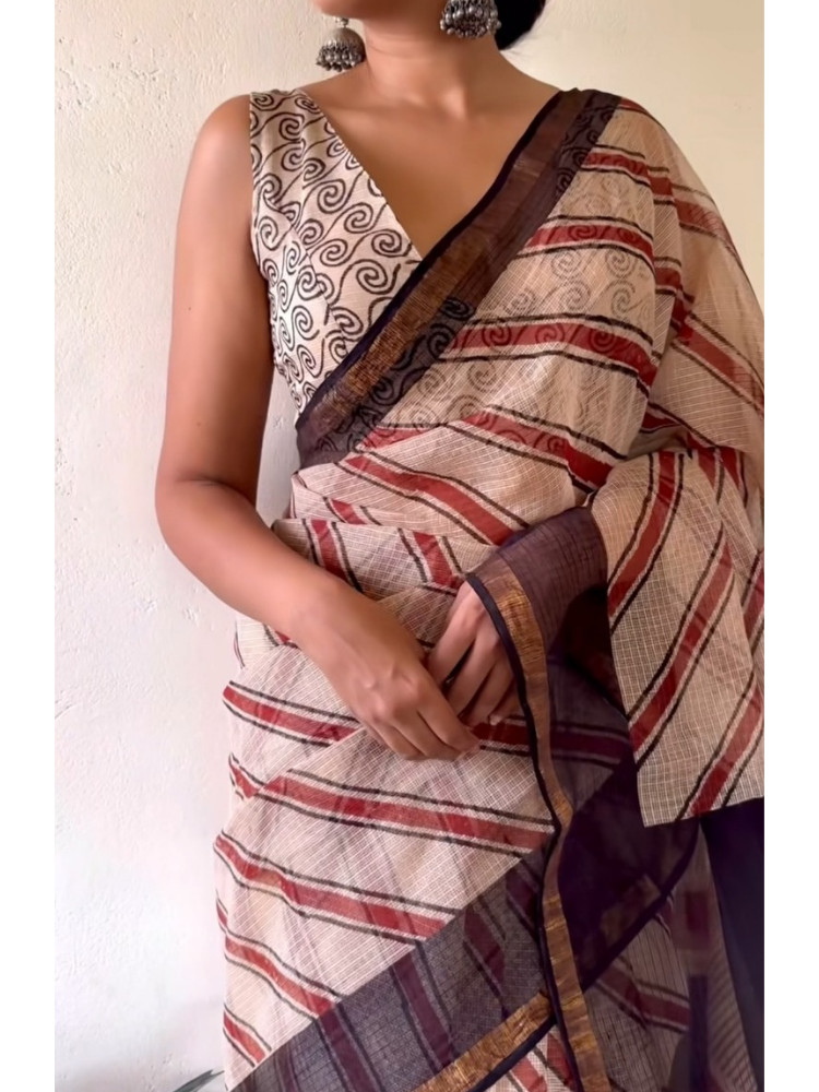 Coffee & cream stripes kota doria saree