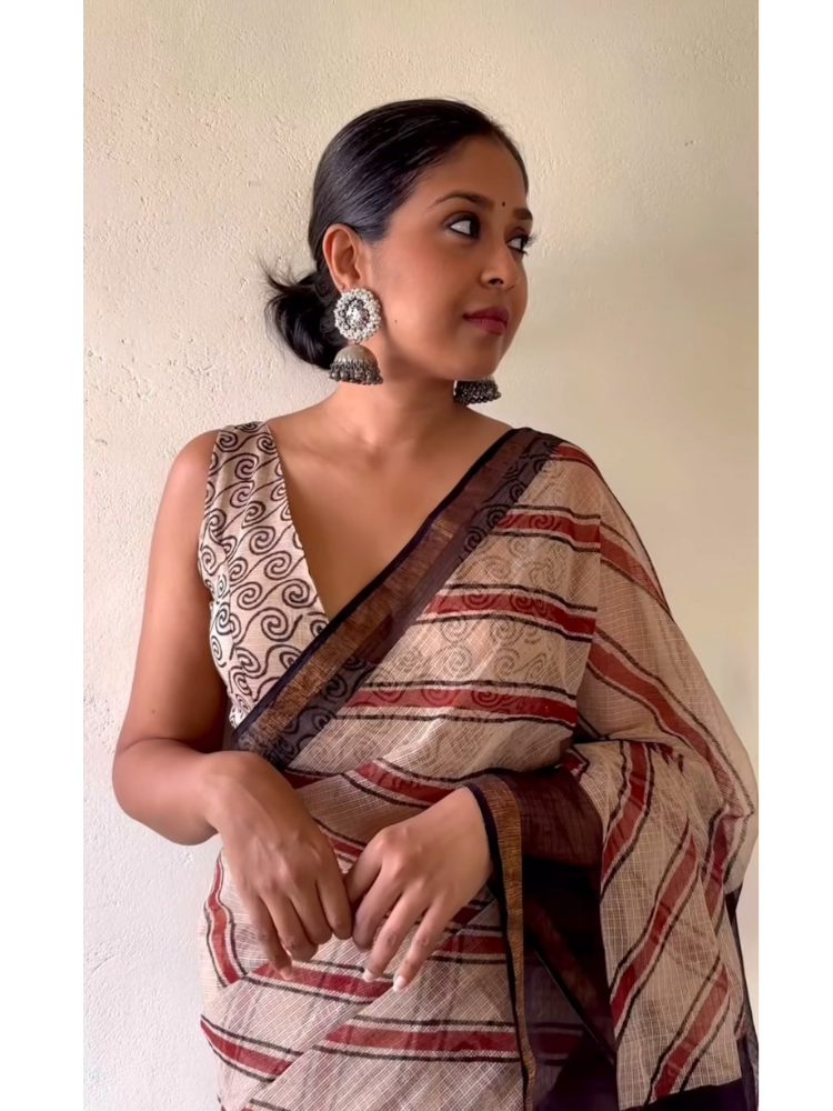 Coffee & cream stripes kota doria saree