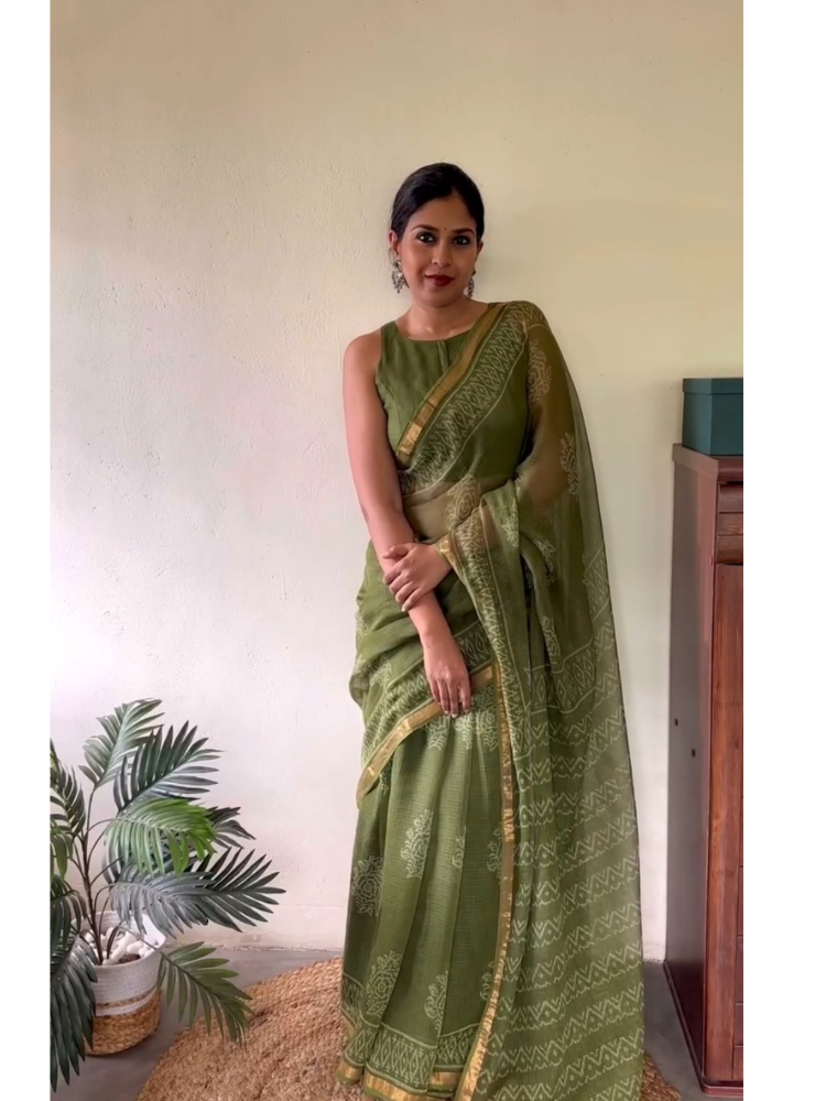 Olive Aura Kota Doria Saree