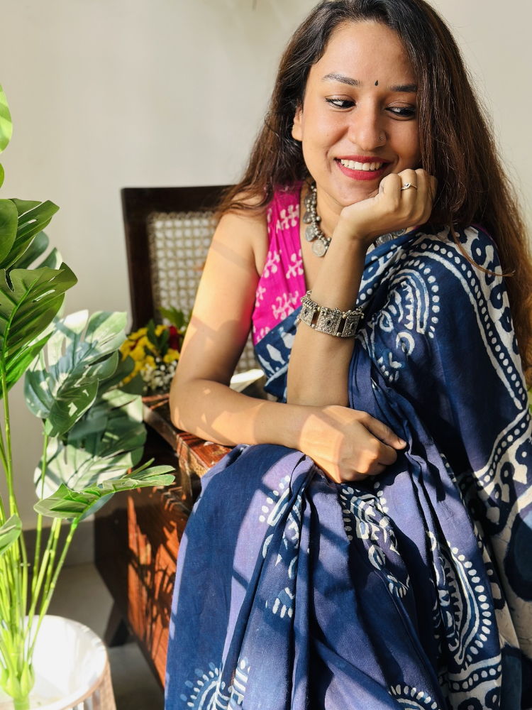 Nilavu Indigo Mul Cotton Saree with Handblock Inspired Border