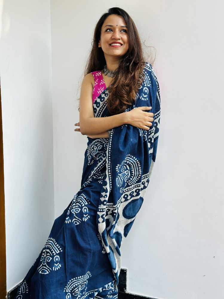Nilavu Indigo Mul Cotton Saree with Handblock Inspired Border