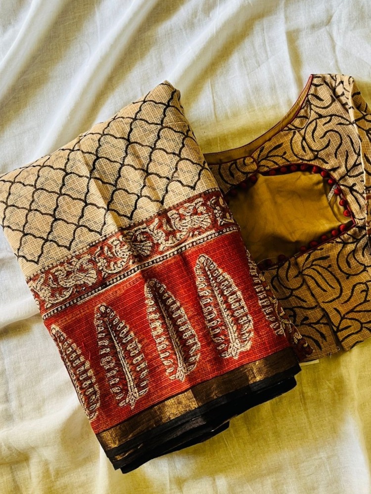 Biege leaf kota doria handblocked saree