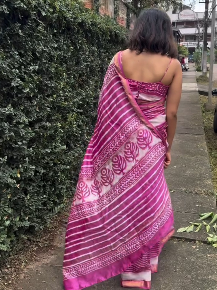 Lotus Pink Striped Maheswari Handblocked Silk Cotton Saree