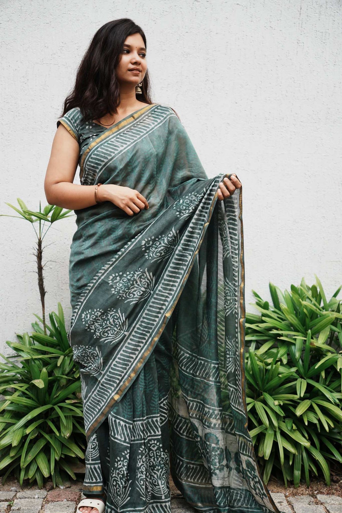 Aaranya Teal Chanderi Handblocked Silk Cotton Saree