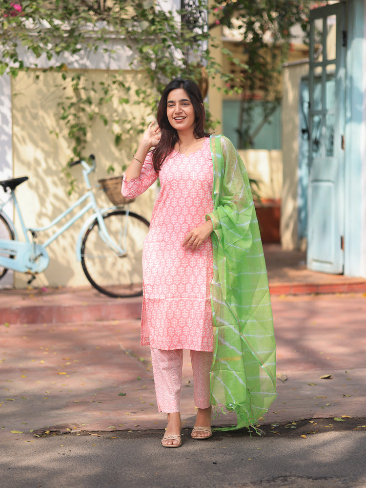 Coral Pankhudi Peach-Pink Handblock Suit Set with Lime Kota Dupatta