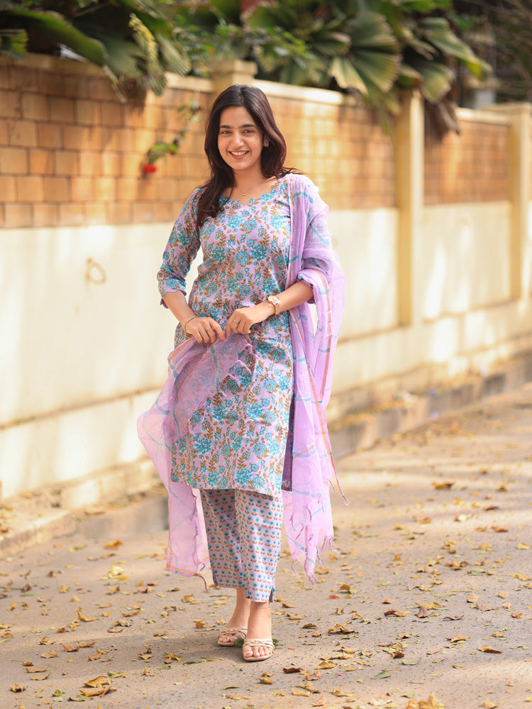 Lavender Gulbahaar Floral Handblock Suit Set