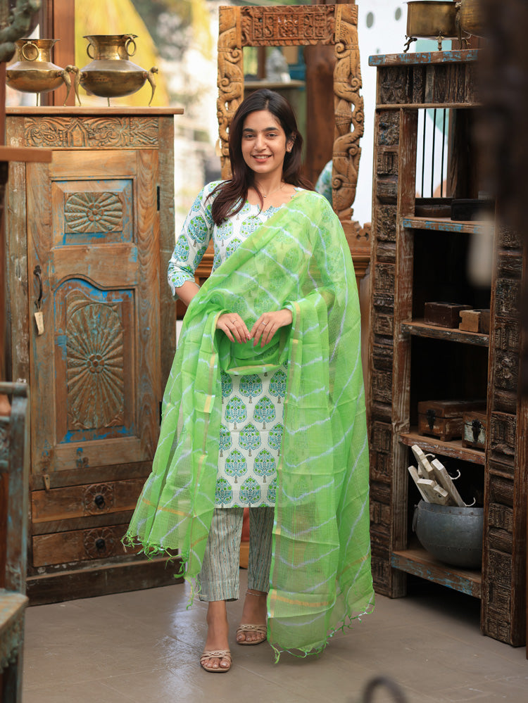 Neelavanam blue-green tree Handblock Suit