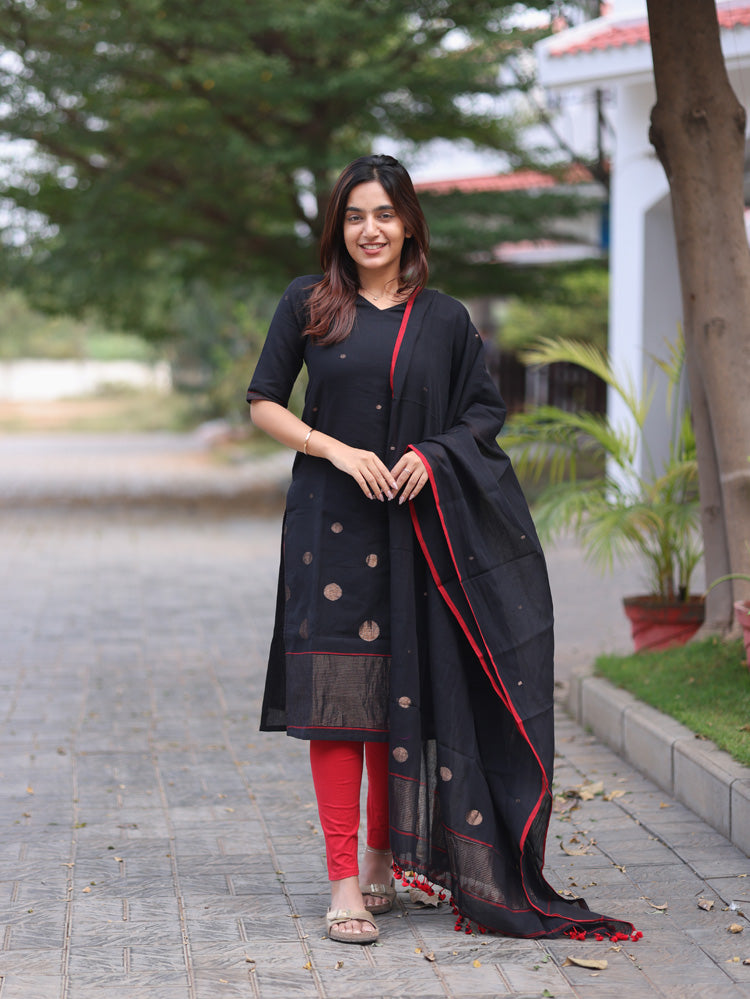 Midnight ruby linen jamdani suit set