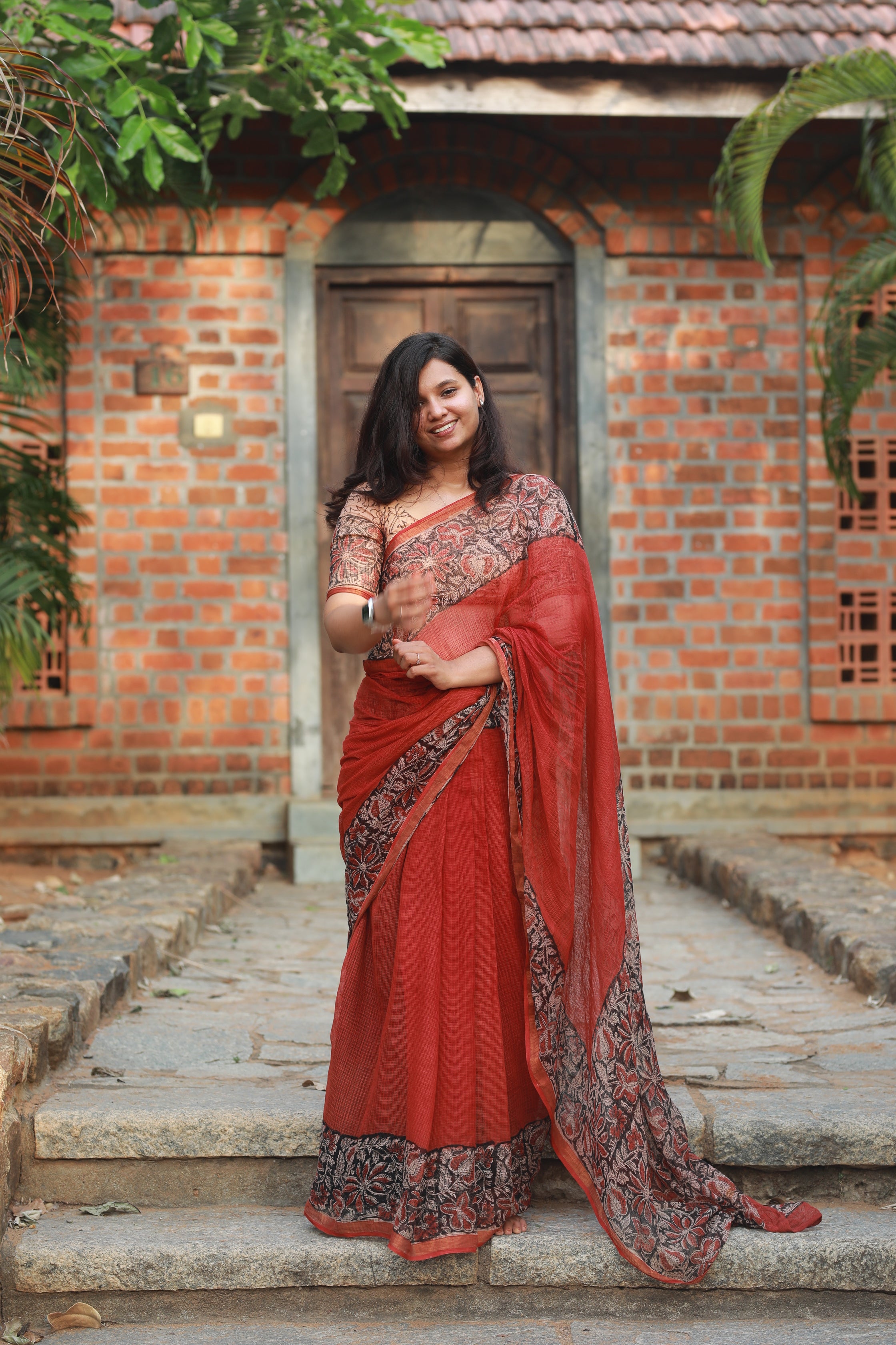 Vanya Red Kota Doria Saree