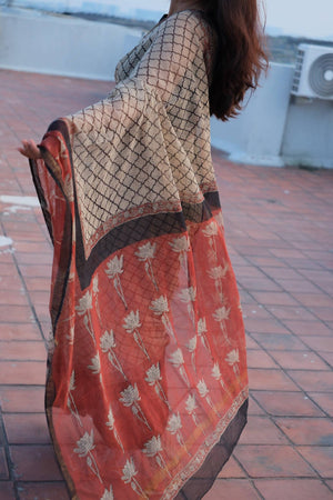 Ananya Lotus Kota Doria saree styled with a black blouse