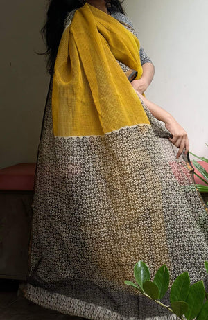Aaranya mustard yellow Kota Doria saree with dark floral border, full-length outdoor view