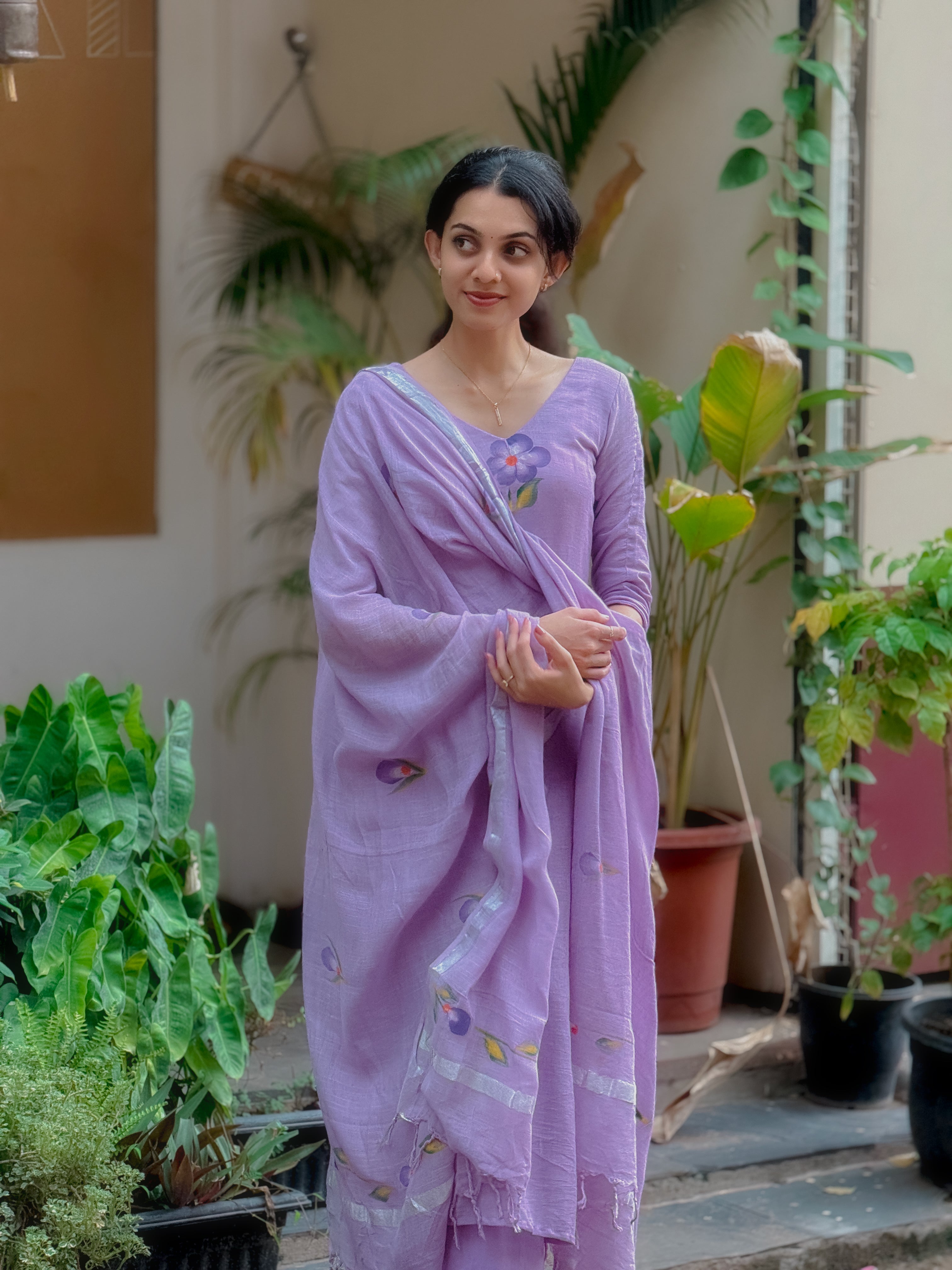 Malar Lavender Hand-Painted Linen cotton suit set