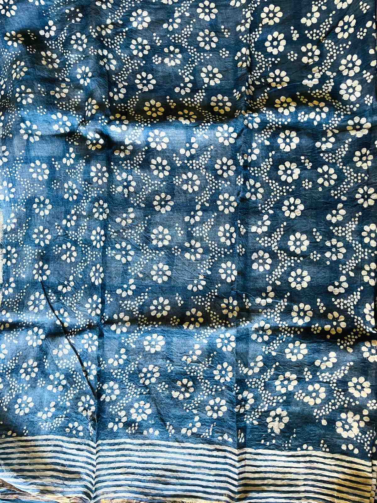 Mira Indigo Bloom Kota Doria saree with ivory floral motifs and striped border