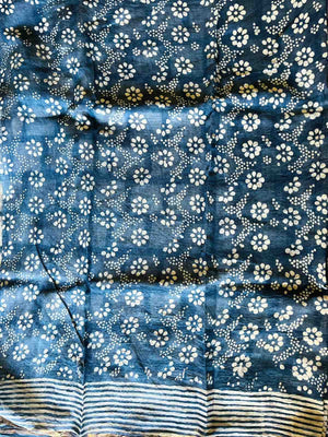 Mira Indigo Bloom Kota Doria saree with ivory floral motifs and striped border