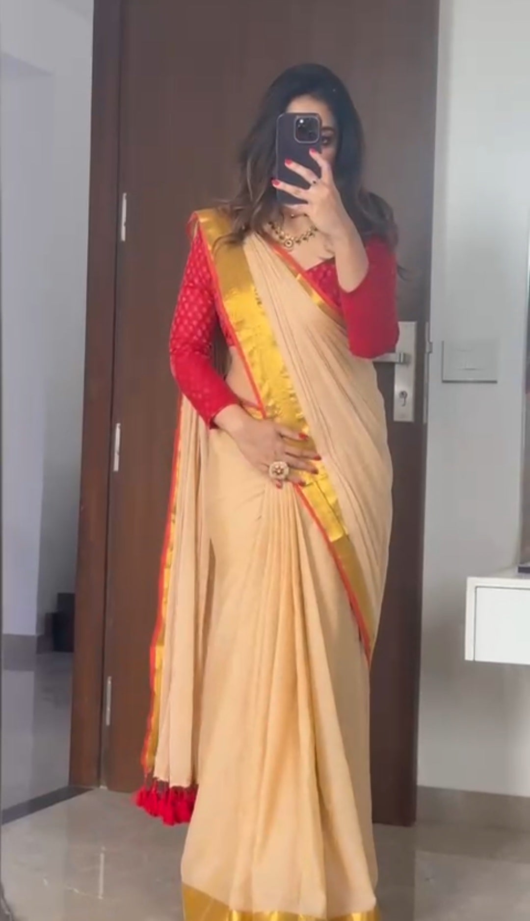 Sunflower yellow and red mul cotton saree
