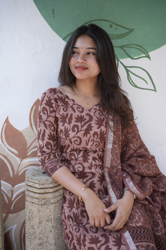 Linen cotton slub handblocked suit set