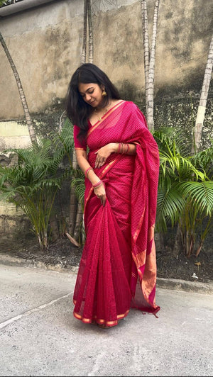 Mrinalini pink-red handwoven Maheswari silk cotton saree, full-length front view