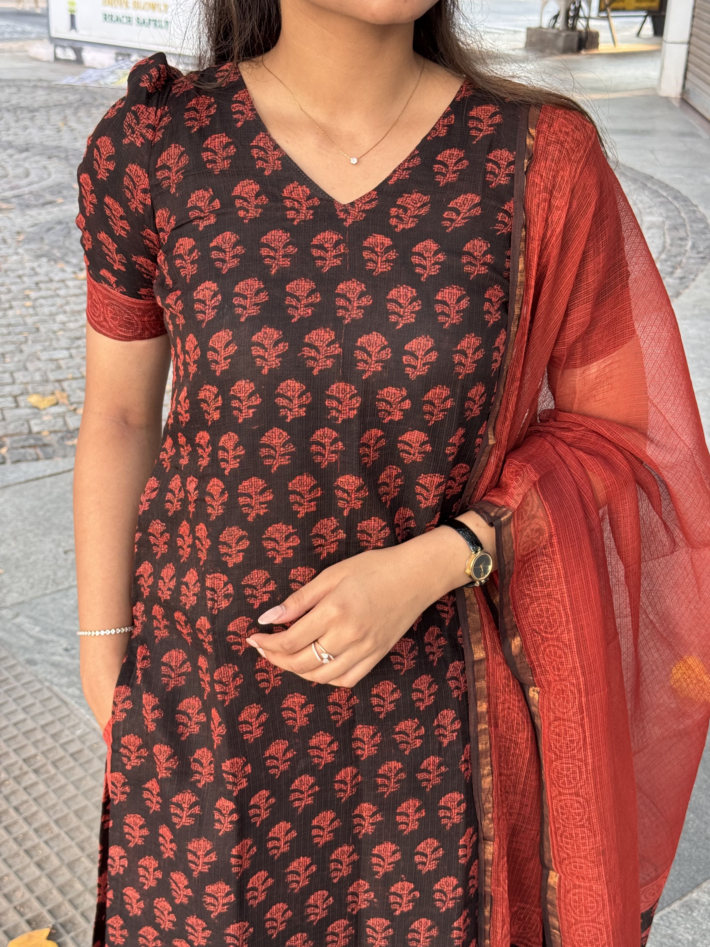 Vanya Brick Red Kota Doria Suit