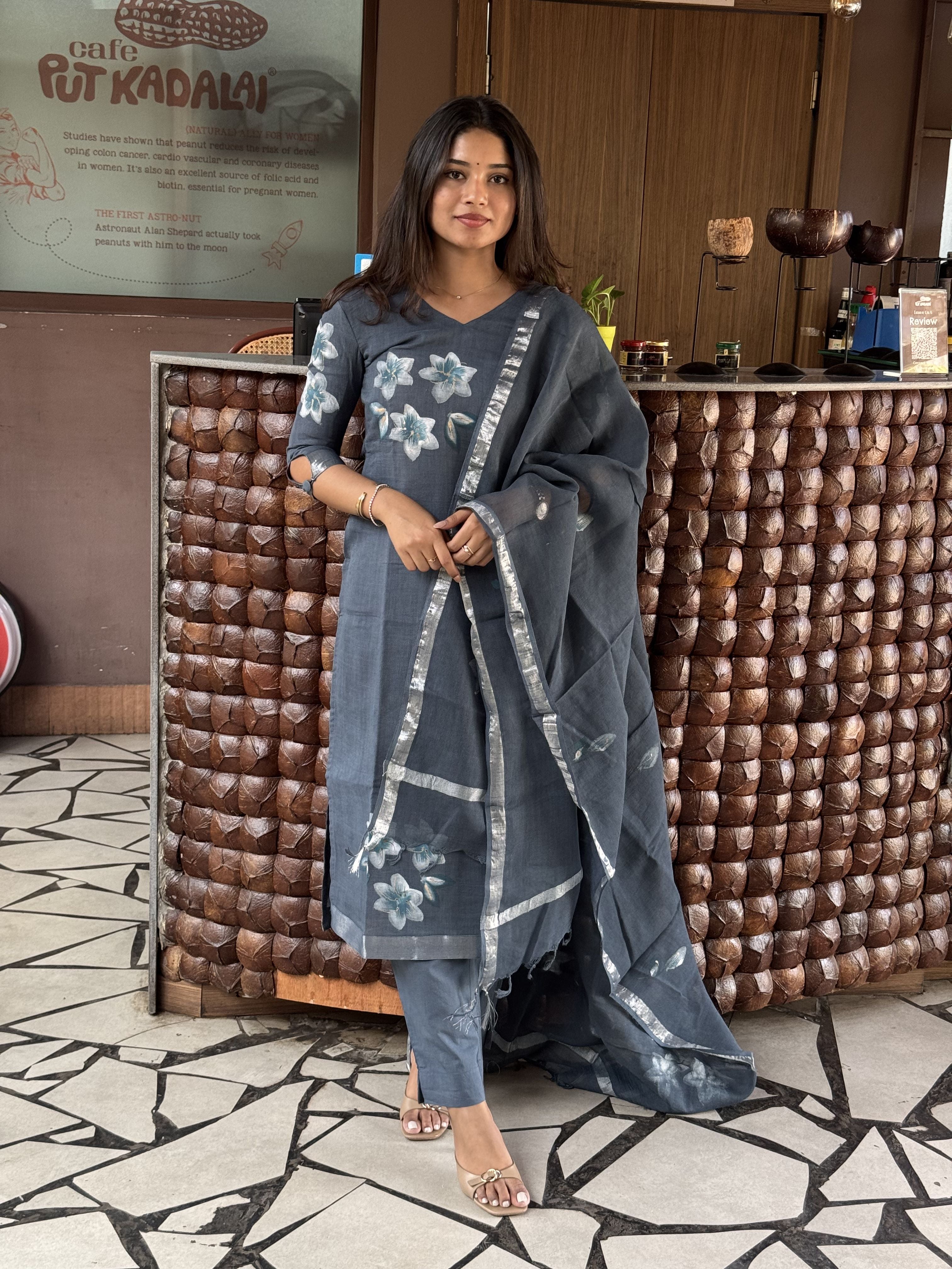Kiara Ash Floral Hand-Painted Linen Cotton suit