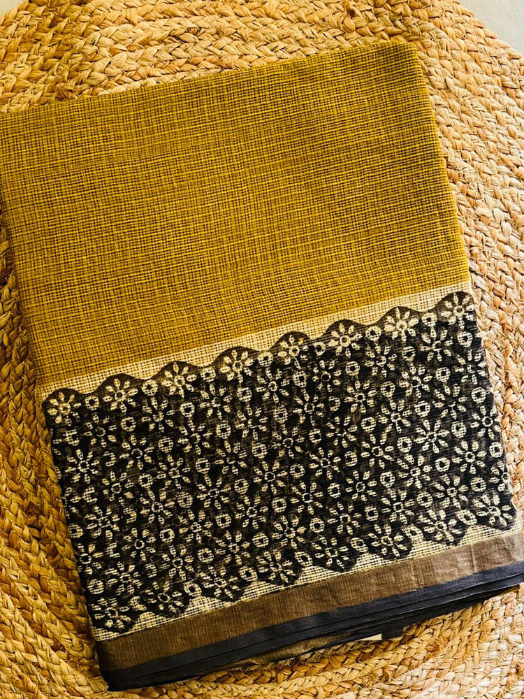 Mustard Green shade Handblock Kota Doria Saree
