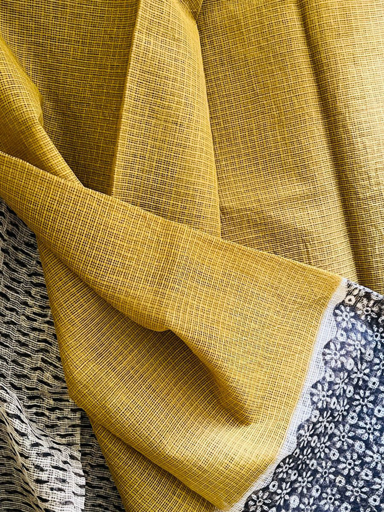 Mustard Green shade Handblock Kota Doria Saree
