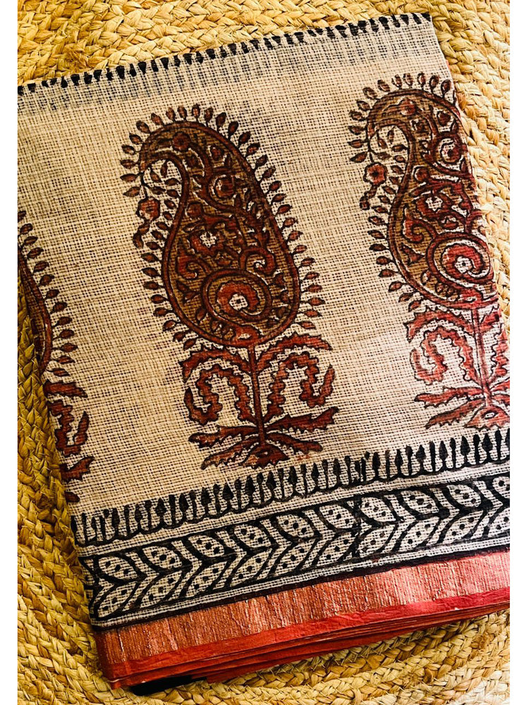 Temple Beige Handblock Kota Doria Saree