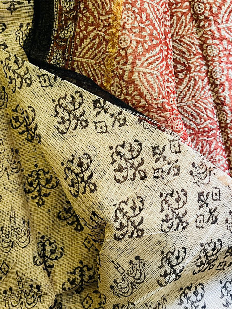 Temple Beige Handblock Kota Doria Saree