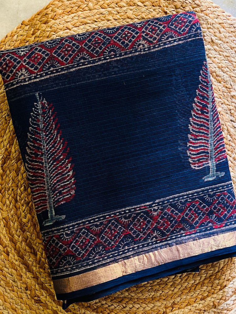 Temple Steps Handblock Kota Doria Saree