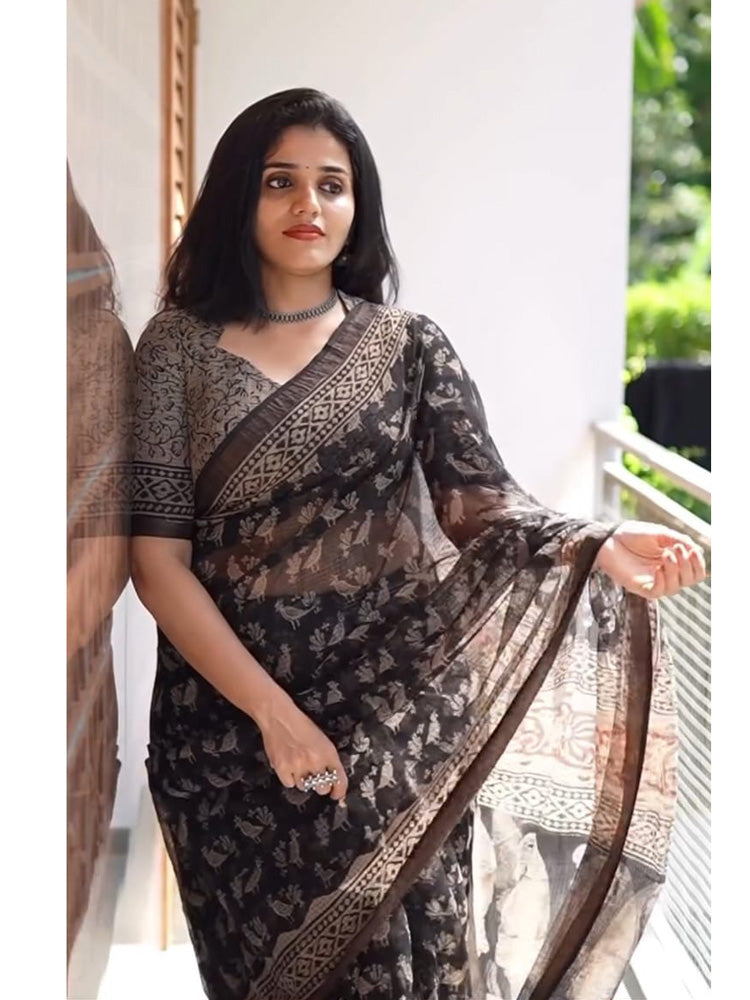 Midnight meadow handblock kota doria saree
