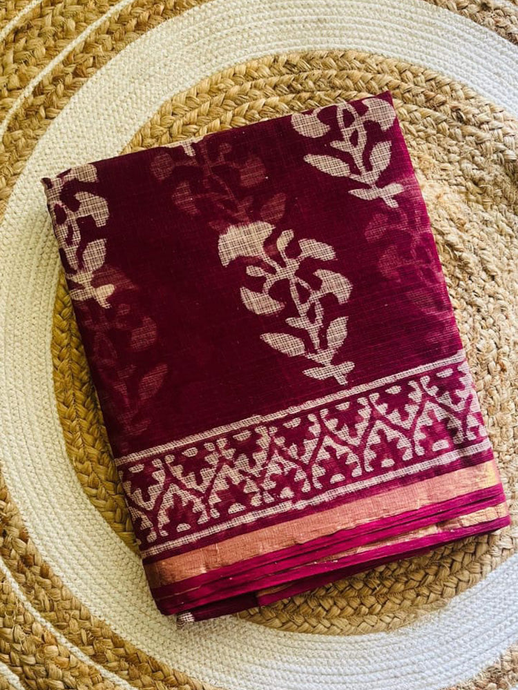 Wine Folk Graden Kota Doria Handblock Saree