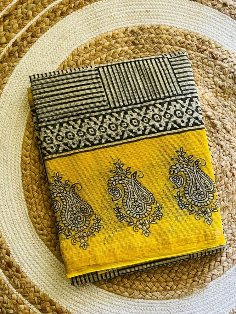 Turmeric Paisley Folk Kota Doria Handblock Saree