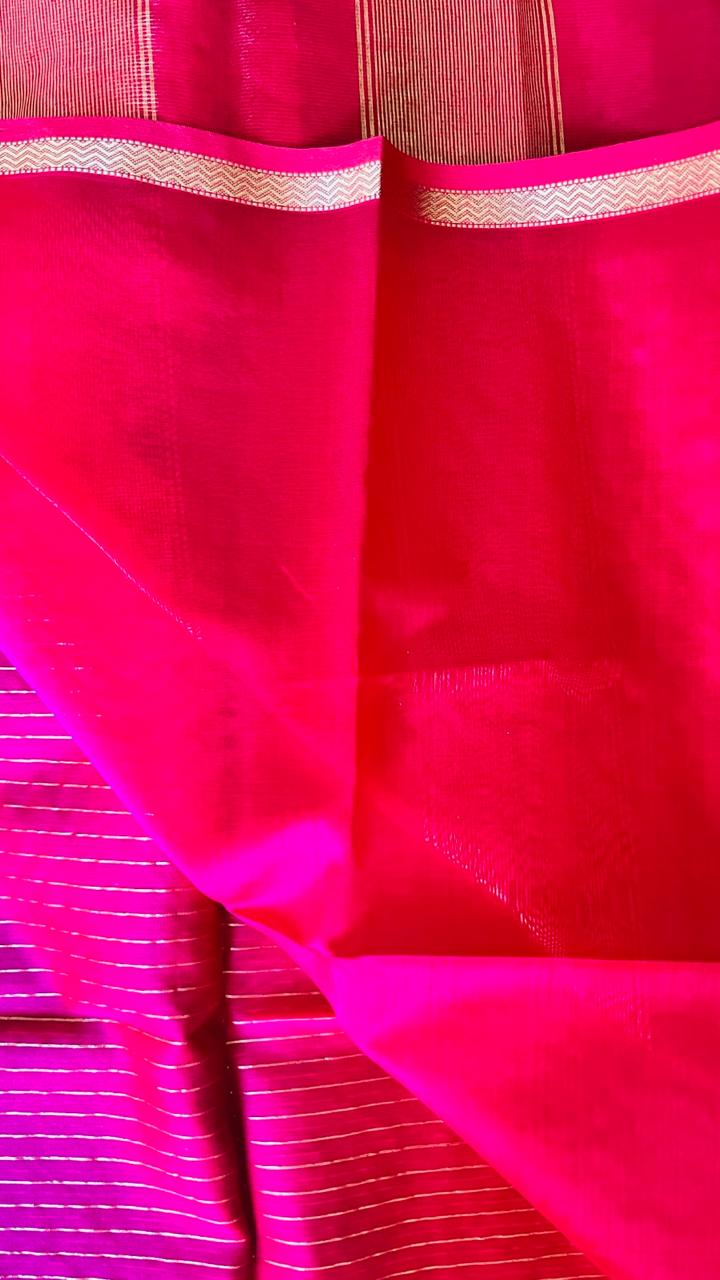 Close-up of Ranjani Maheswari silk cotton saree with fine zari stripes