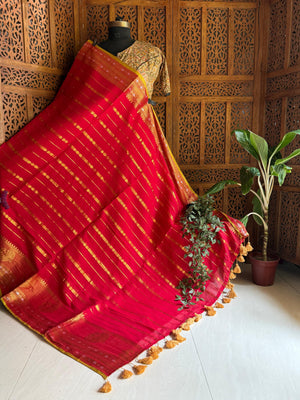 Red Ruhani saree displayed on a mannequin with gold-toned detailing, an ornate contrast border and tassels